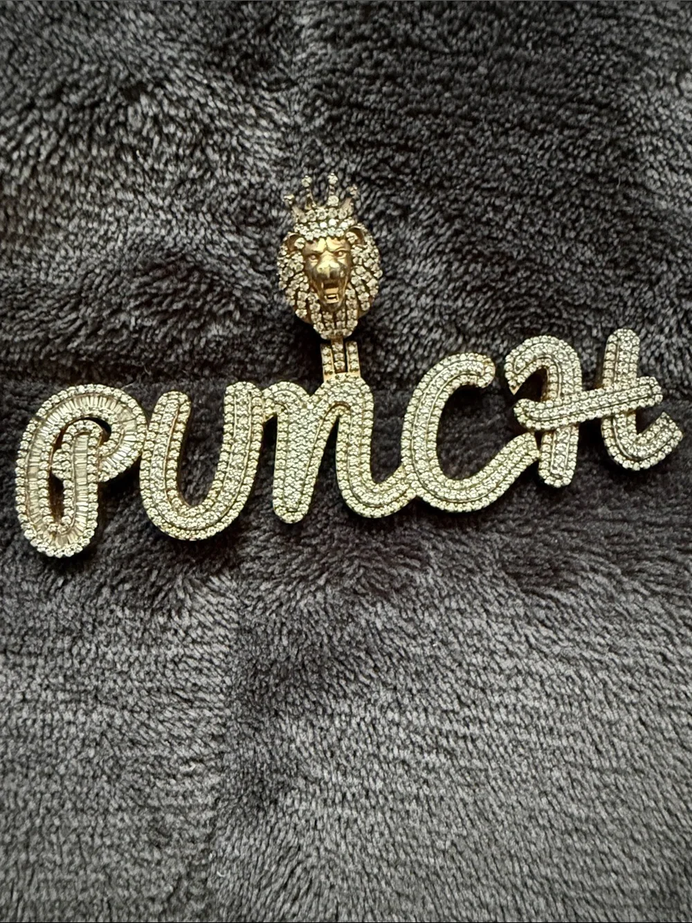 Gold Rhinestone 'PUNCH' Script Pendant with Lion Bail